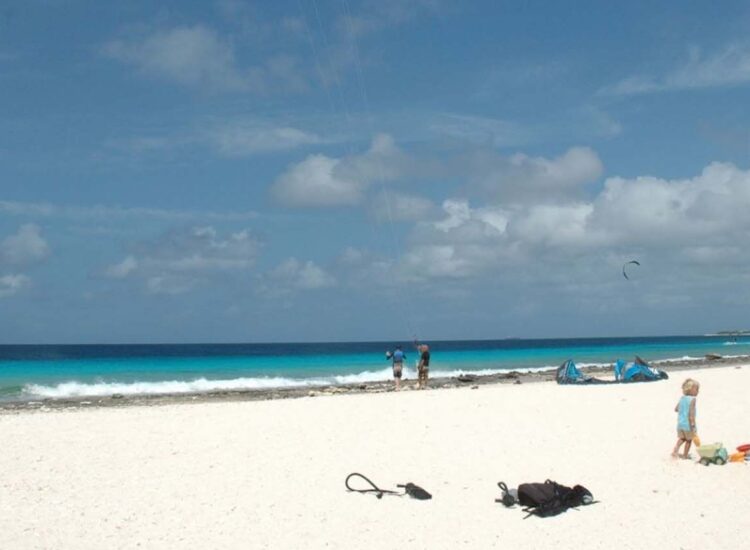 People flying kites and enjoying the white sand beach