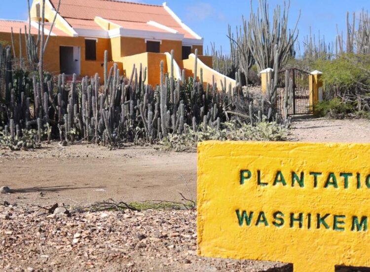 Yellow sign with a yellow building in the background