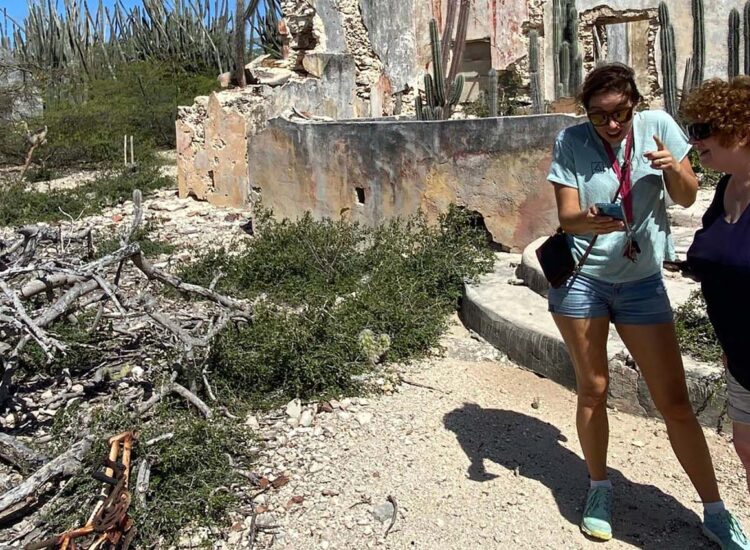 Two tourists engaging