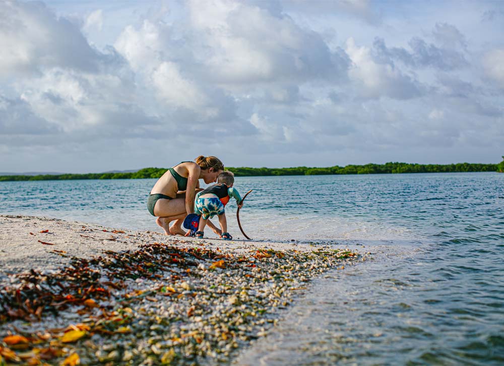 Mom and son searching for seashells