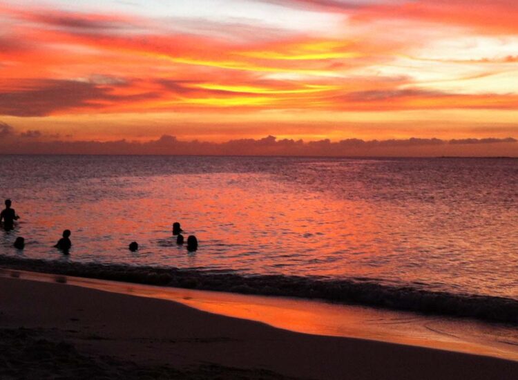 People swimming in the ocean during sunset