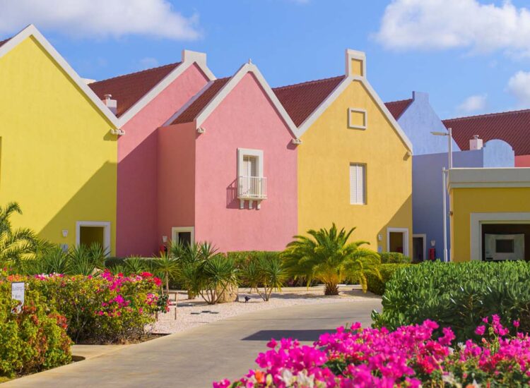 Pathway leading to colorful buildings