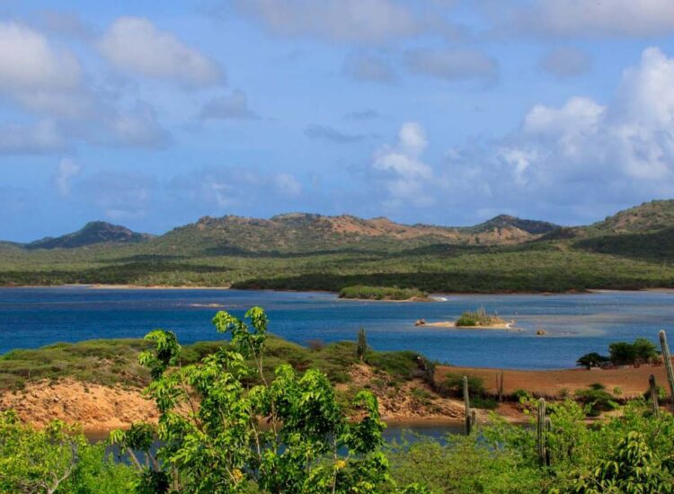 Landscape view of lagoon with hills in the background