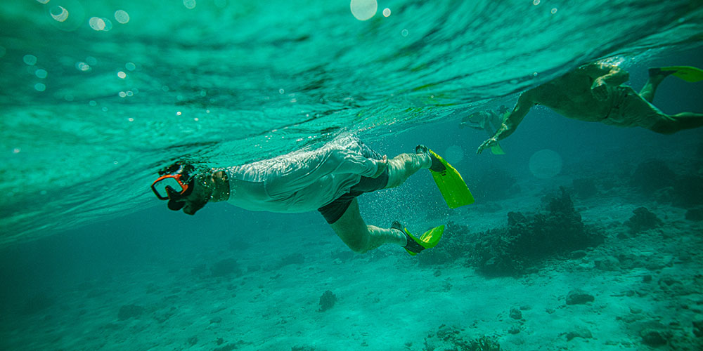 Two men snorkeling underwater in bonaire