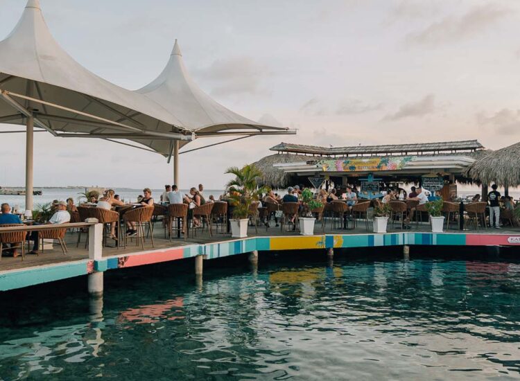 Restaurant seating on waterfront pier