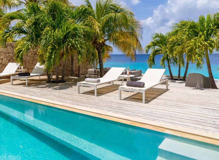 Outdoor pool area with sun lounge chairs and palm trees by the ocean